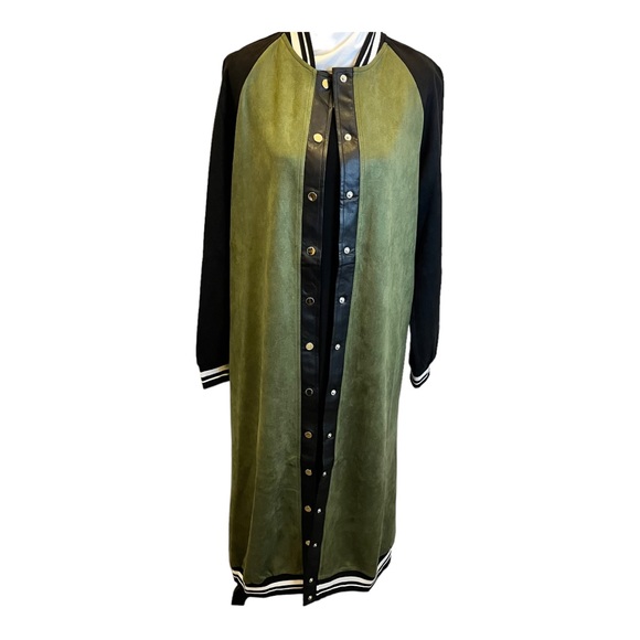 SoNo Chic Varsity Faux Suede Green Maxi Front Snap Jacket - Picture 6 of 14